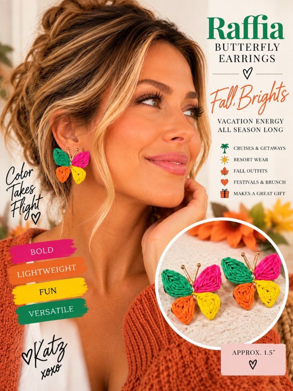 Raffia Butterfly Earrings Multicolor Boho Statement Studs Fall Cruise Jewelry
